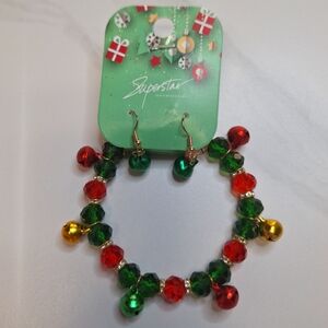 Superstar 2 Piece Set Multi Color Beaded Bracelets & Green Bell Dangle Earrings